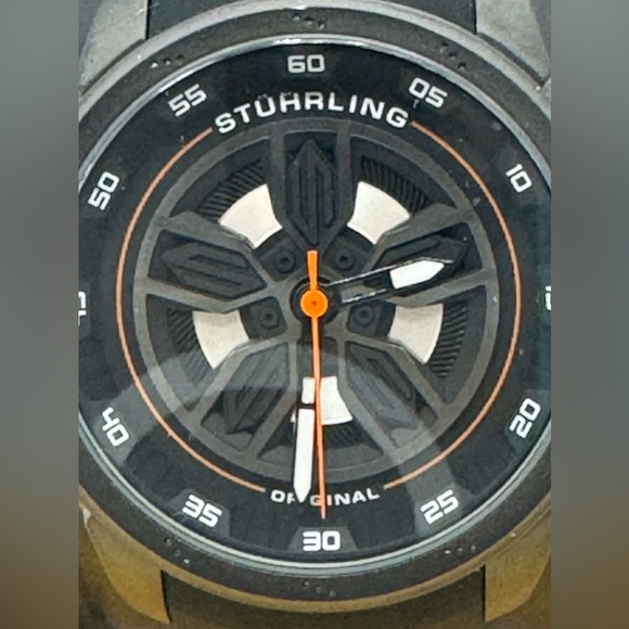 Stuhrling Original 984 05 Aviator Quartz Black Orange Silicone Strap Mens Watch - Picture 5 of 10